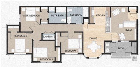 Floor plan for 3 beds, 2 baths, 1215 sqft